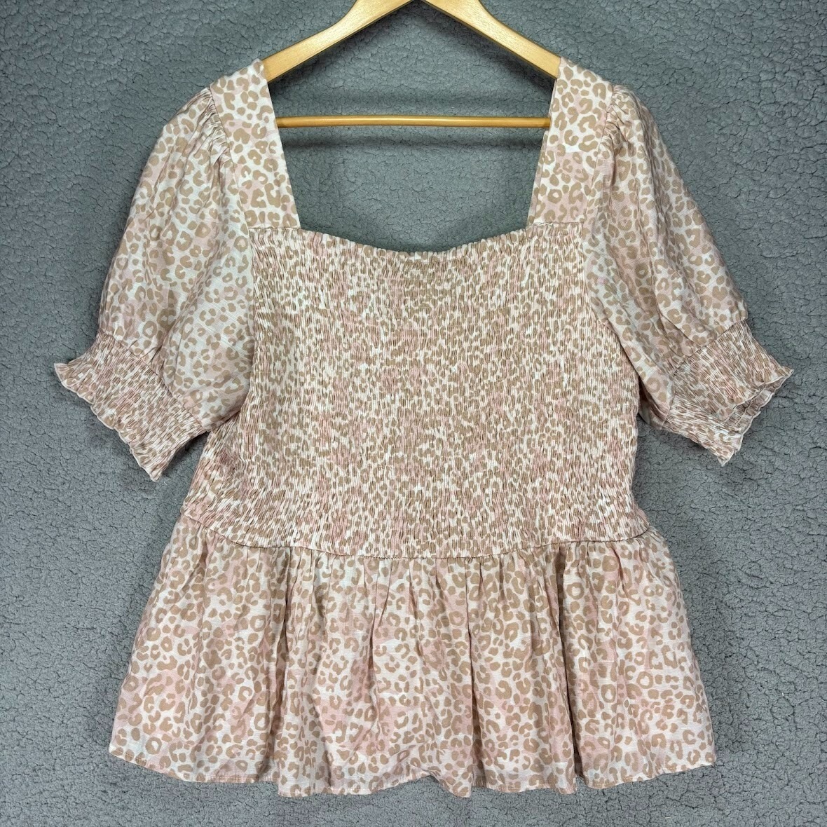 Nine West Pink Cheetah Animal Print Smocked Top With Square Neck Sz Xxl Peplum